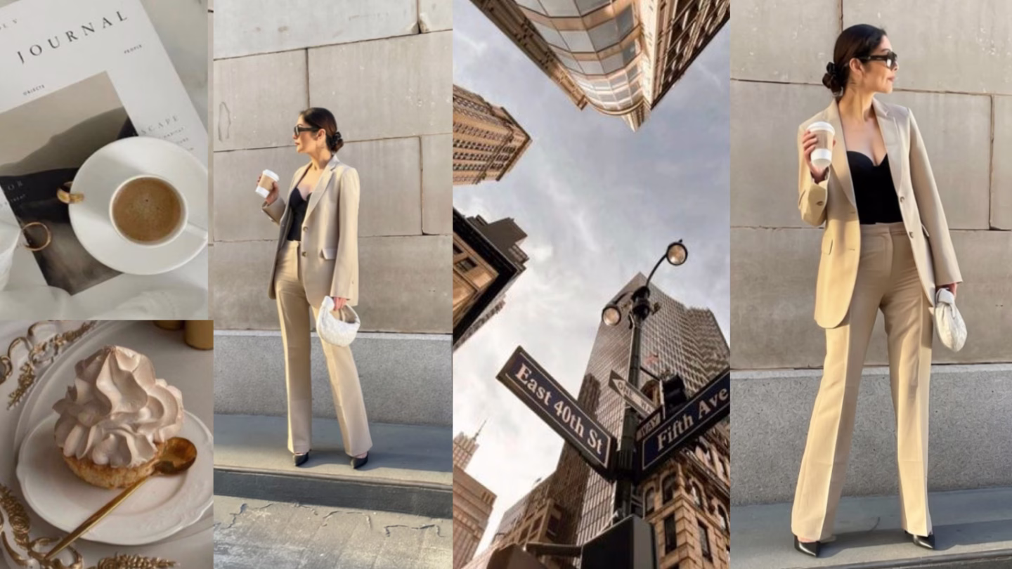 collage of city with women dresses with beige khaki suit and black corset and black pump heels. Khaki suit beige suit outfit idea