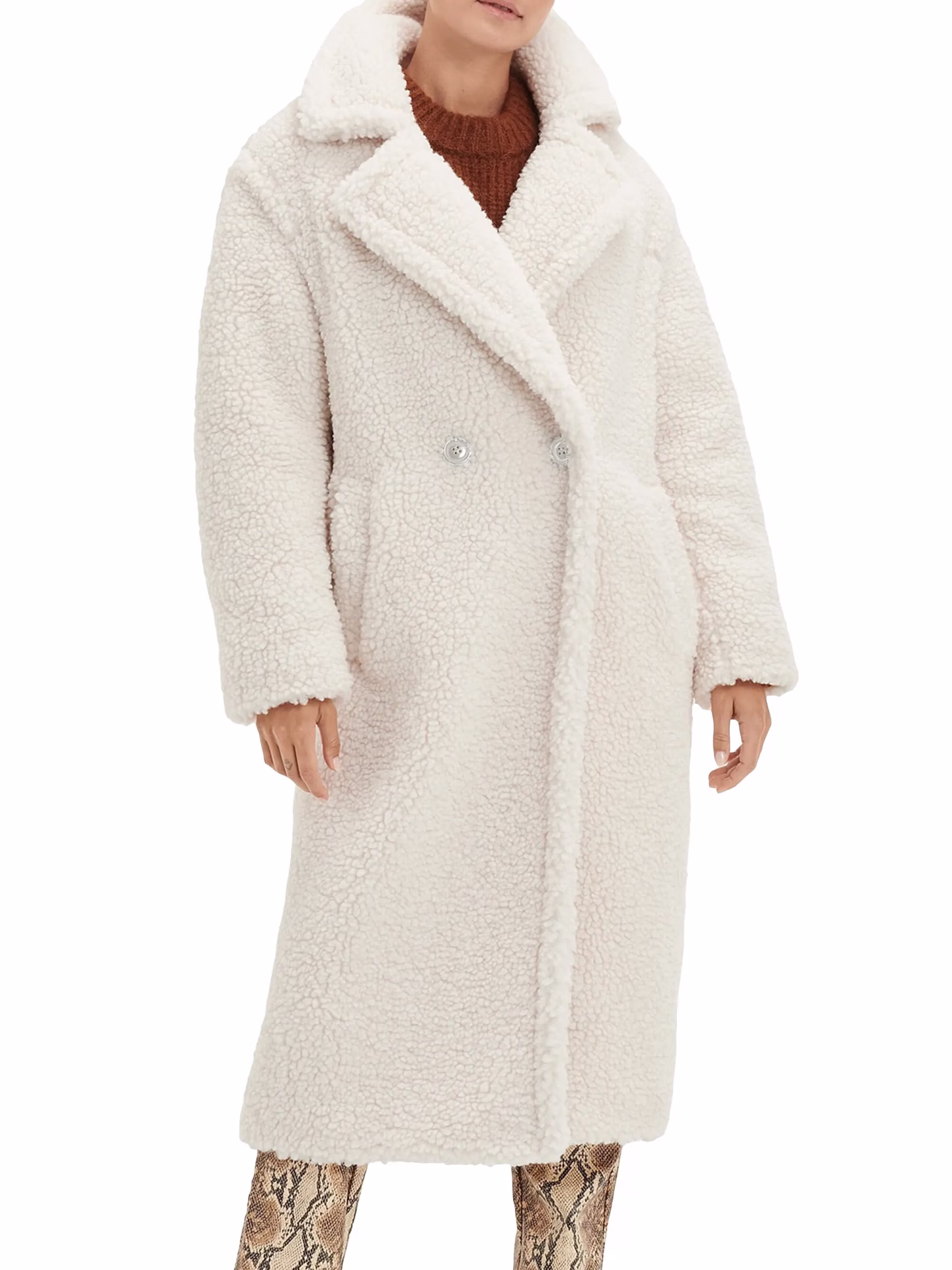 white faux fur teddy coat