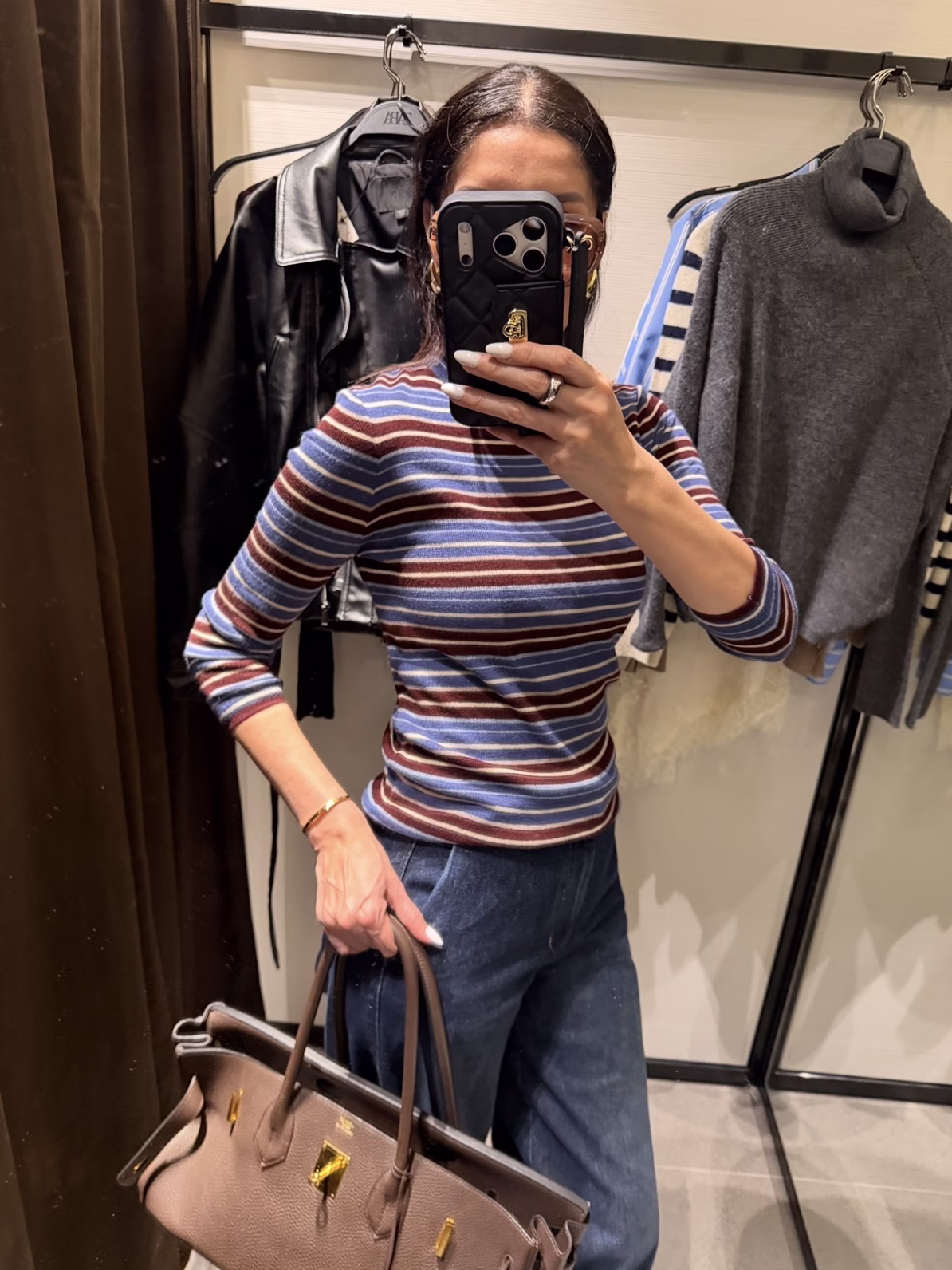 Zara Burgundy blazer with miu miu inspired striped knit and wide leg denim jeans outfit idea