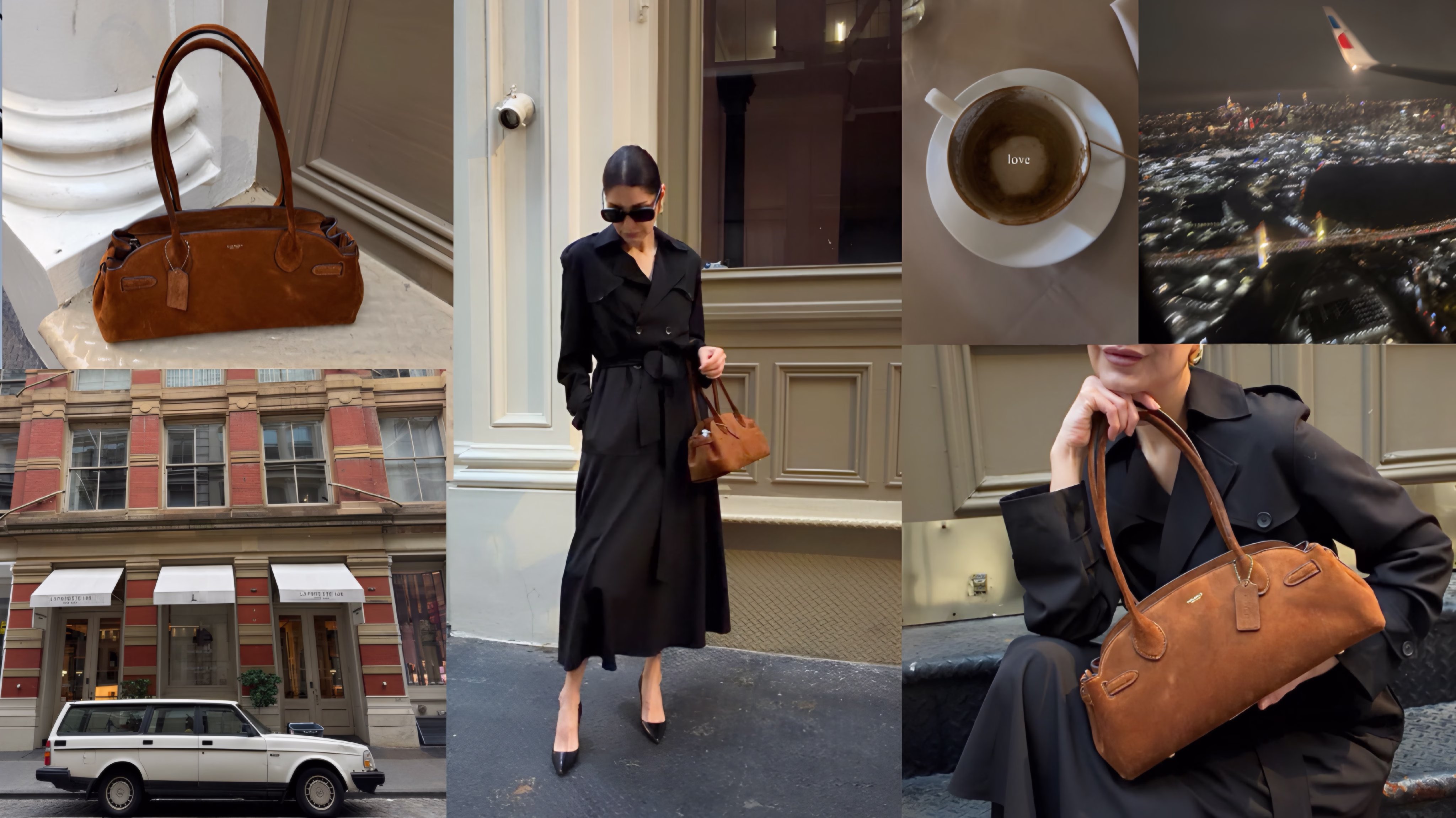 Coach Empire Carryall Bag 34 review collage, city vibes, coach bag suede hazelnut bag