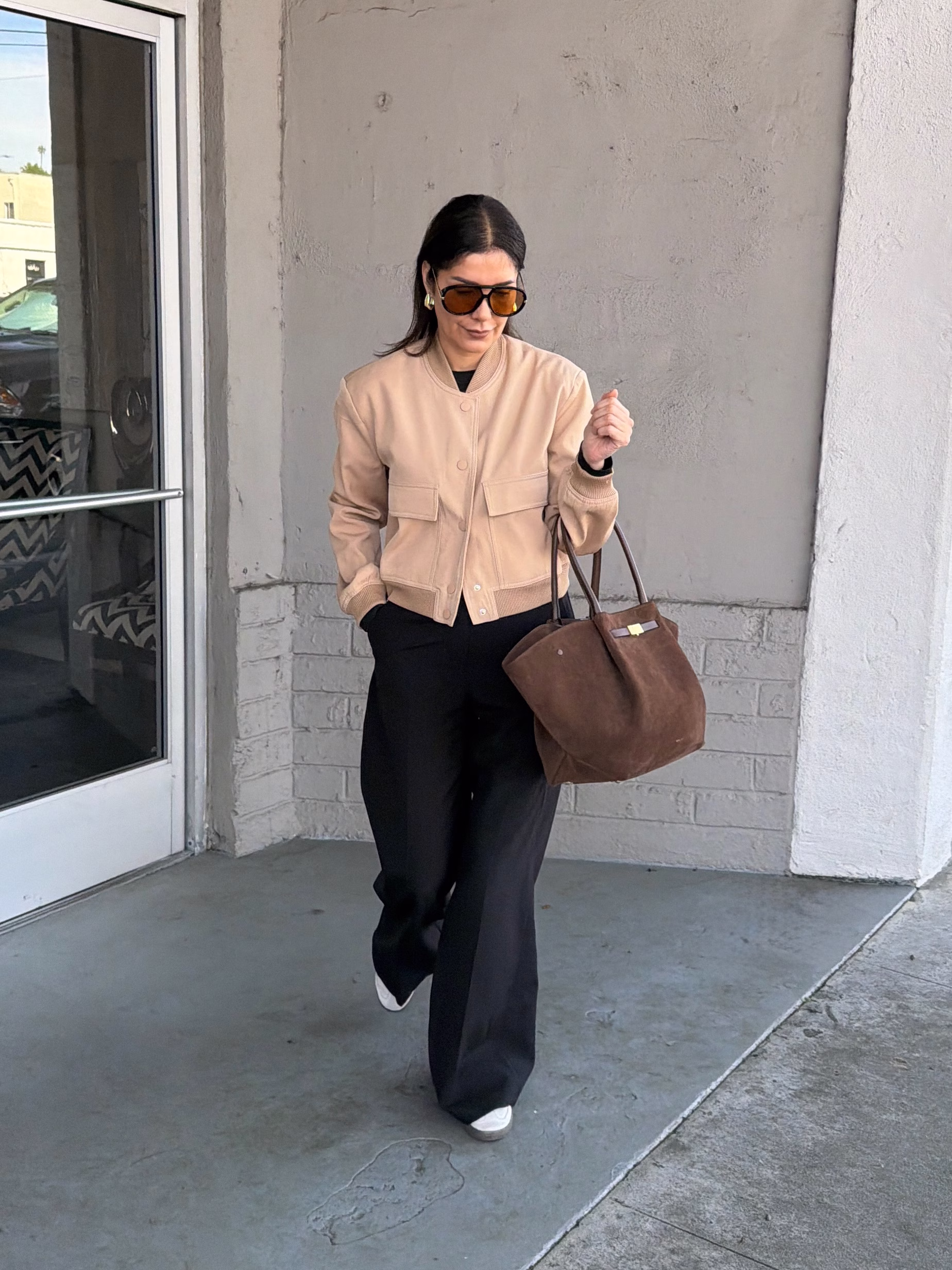 demellier brown suede bag tote outfit