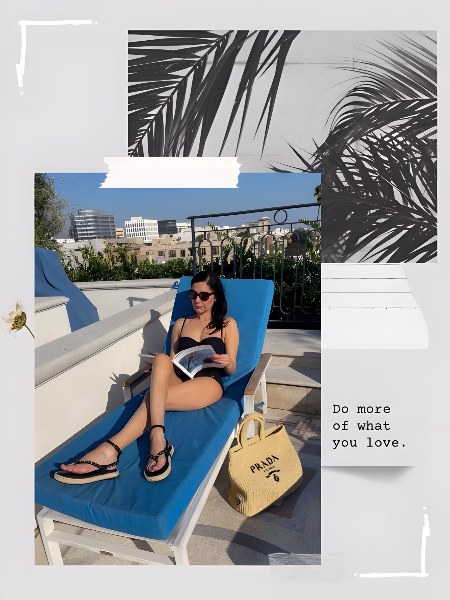 Best Beach Bags The Allure Edition. The Allure Edition taking a sun bath wearing a black swimsuit at hotel and a raffia prada bag.