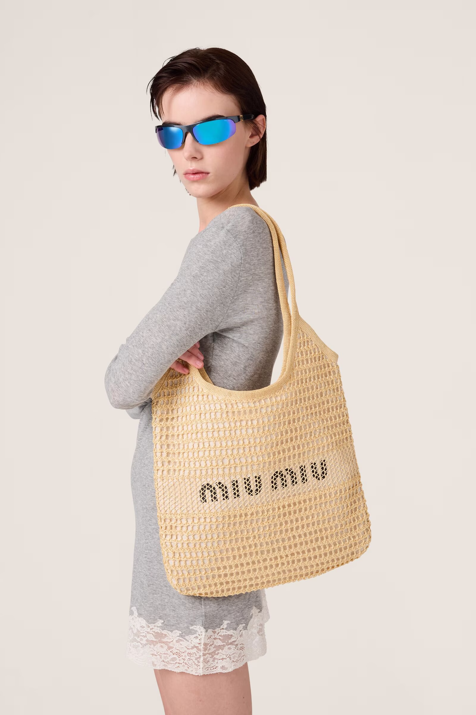 Miu Miu Ivy raffia-effect and linen bag