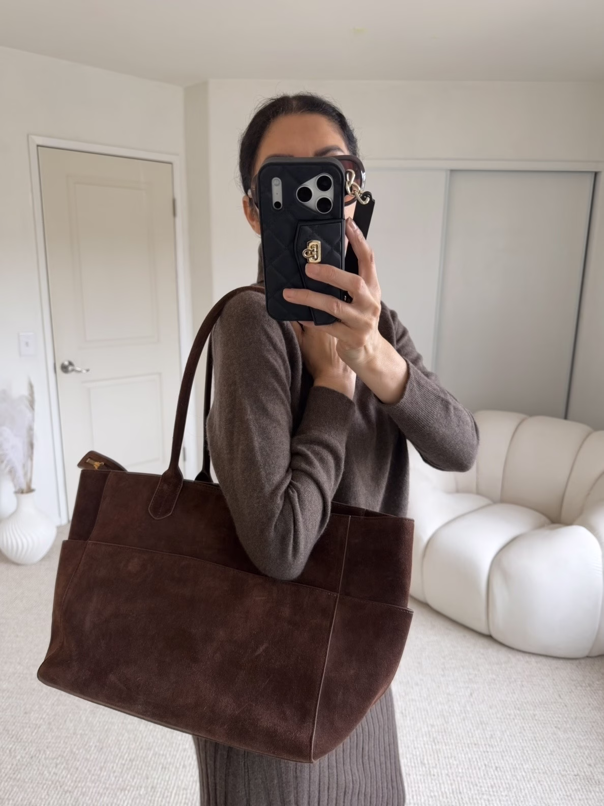 Quince review brown suede tote bag